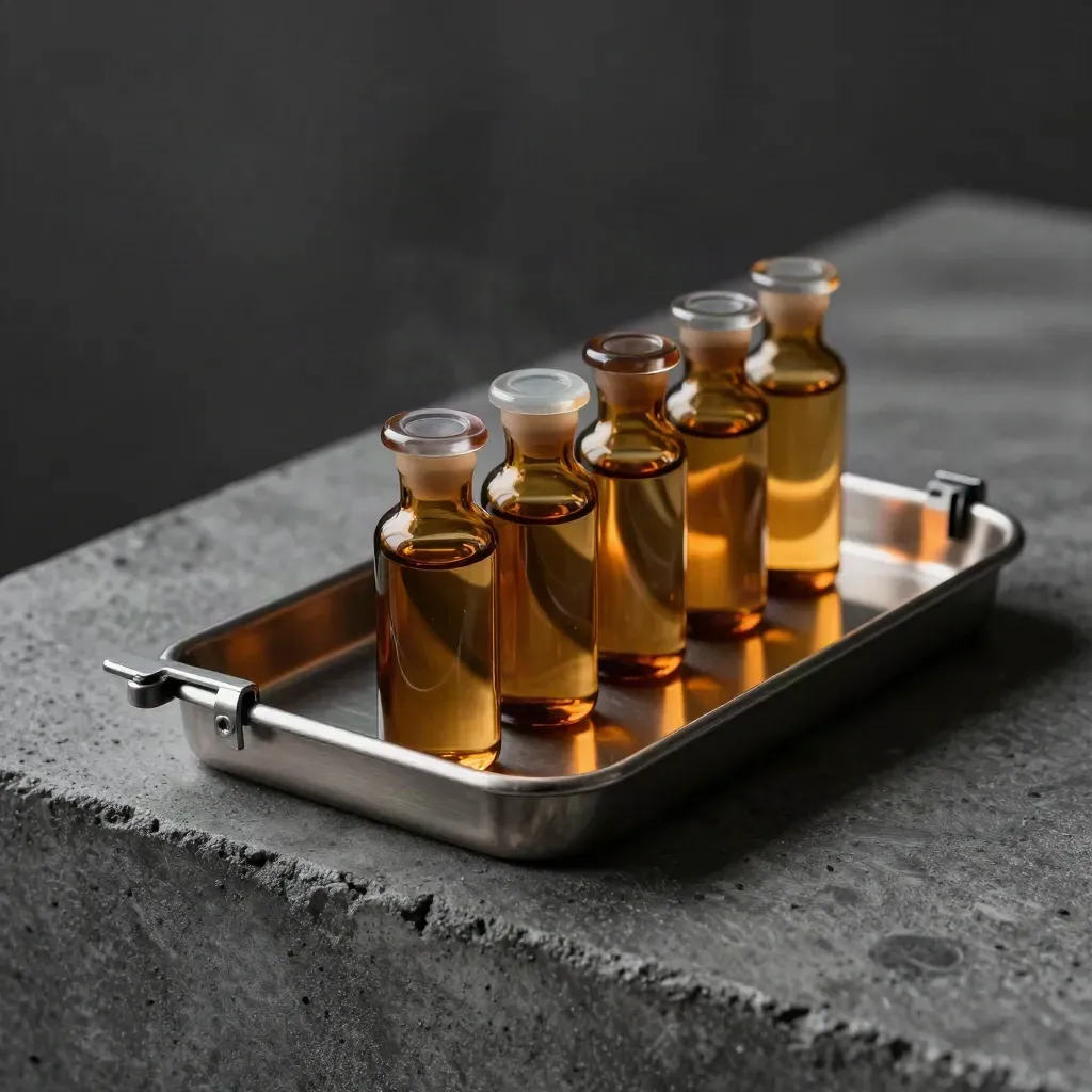 Amber lab vials with steel tray and clamp set on charcoal concrete