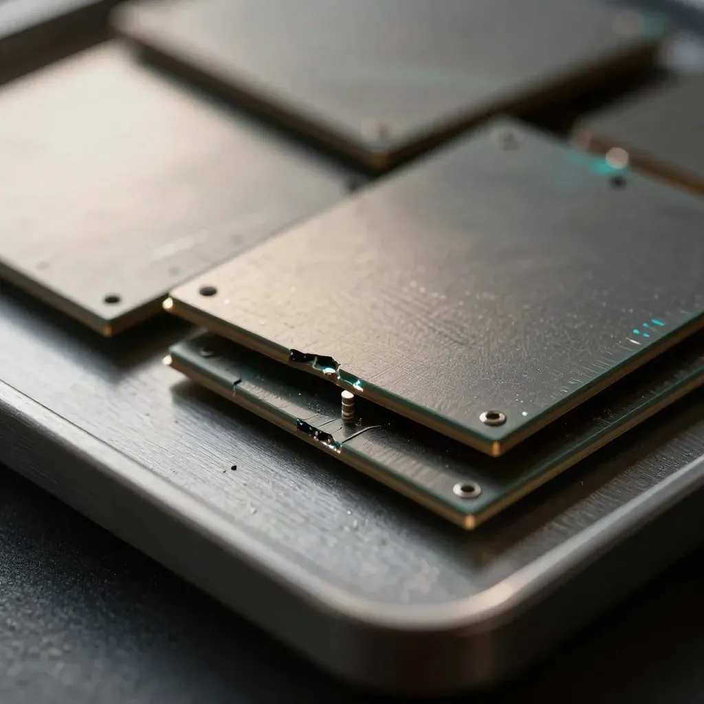 Silicon wafer halves and a tiny spacer on brushed graphite with cyan reflections