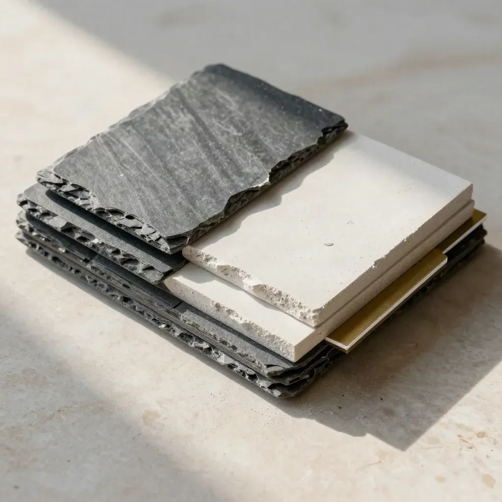 Top-down material samples: slate chips, plaster swatch, brass strip on pale stone.