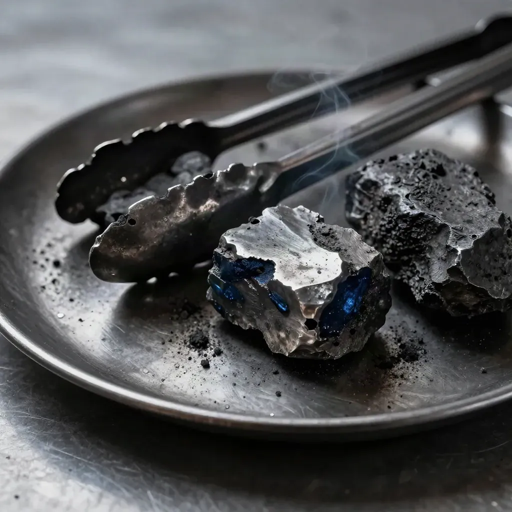 Forged steel offcuts, blackened tongs, and coal cooling on a dark metal plate with smoke haze.