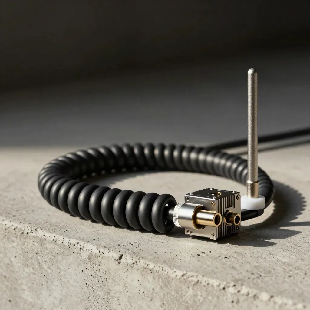 Coiled coax cable, radio module, and antenna mount on pale concrete in dramatic studio light.