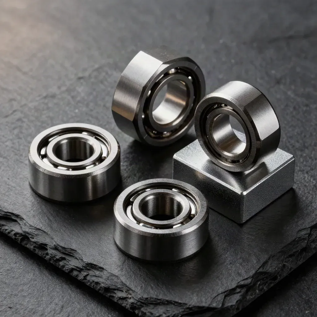 Metal bearings, hex spacers, and an aluminum block on dark slate.