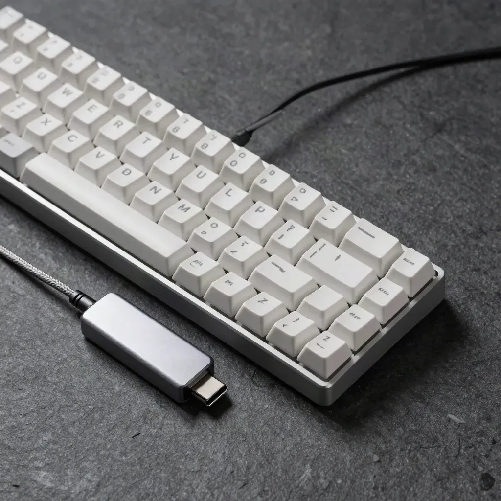 Macro still life of a blank-key keyboard, USB-C hub, and braided cable on stone.