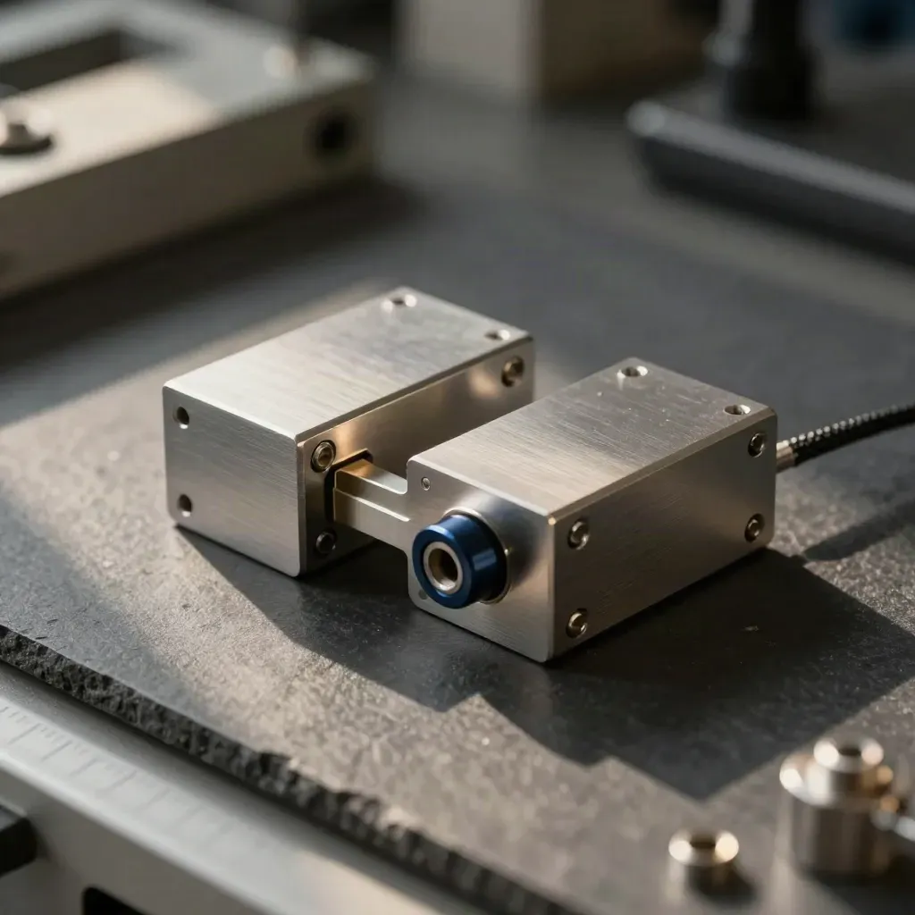 Two brushed aluminum code enclosure blocks joined by a slim bridge on charcoal metal.
