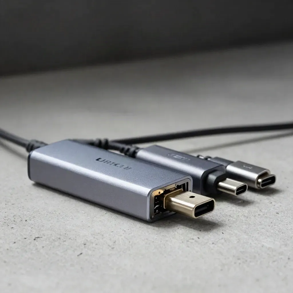 USB-C adapter, ethernet dongle, and connector caps on pale concrete in dramatic light