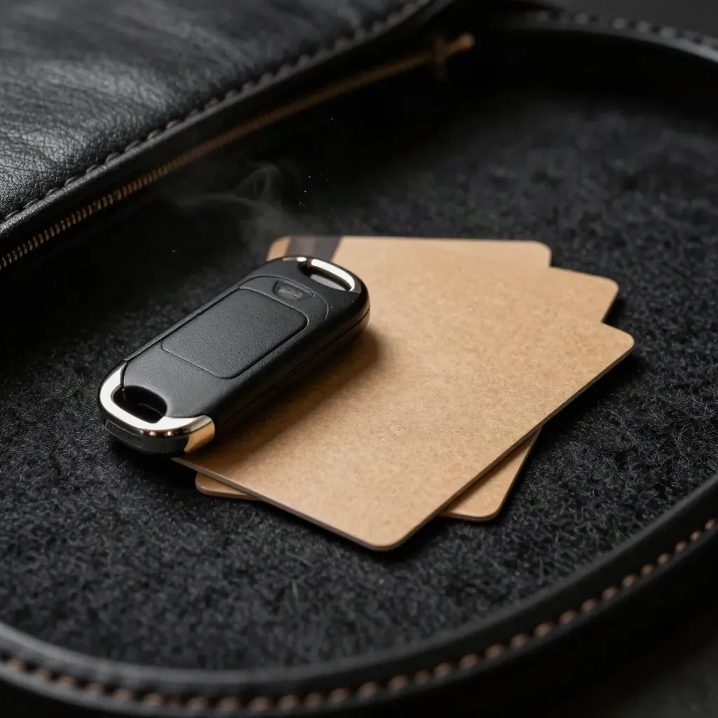 Hardware security key, kraft cards and prototype puck on dark felt in dramatic studio light.