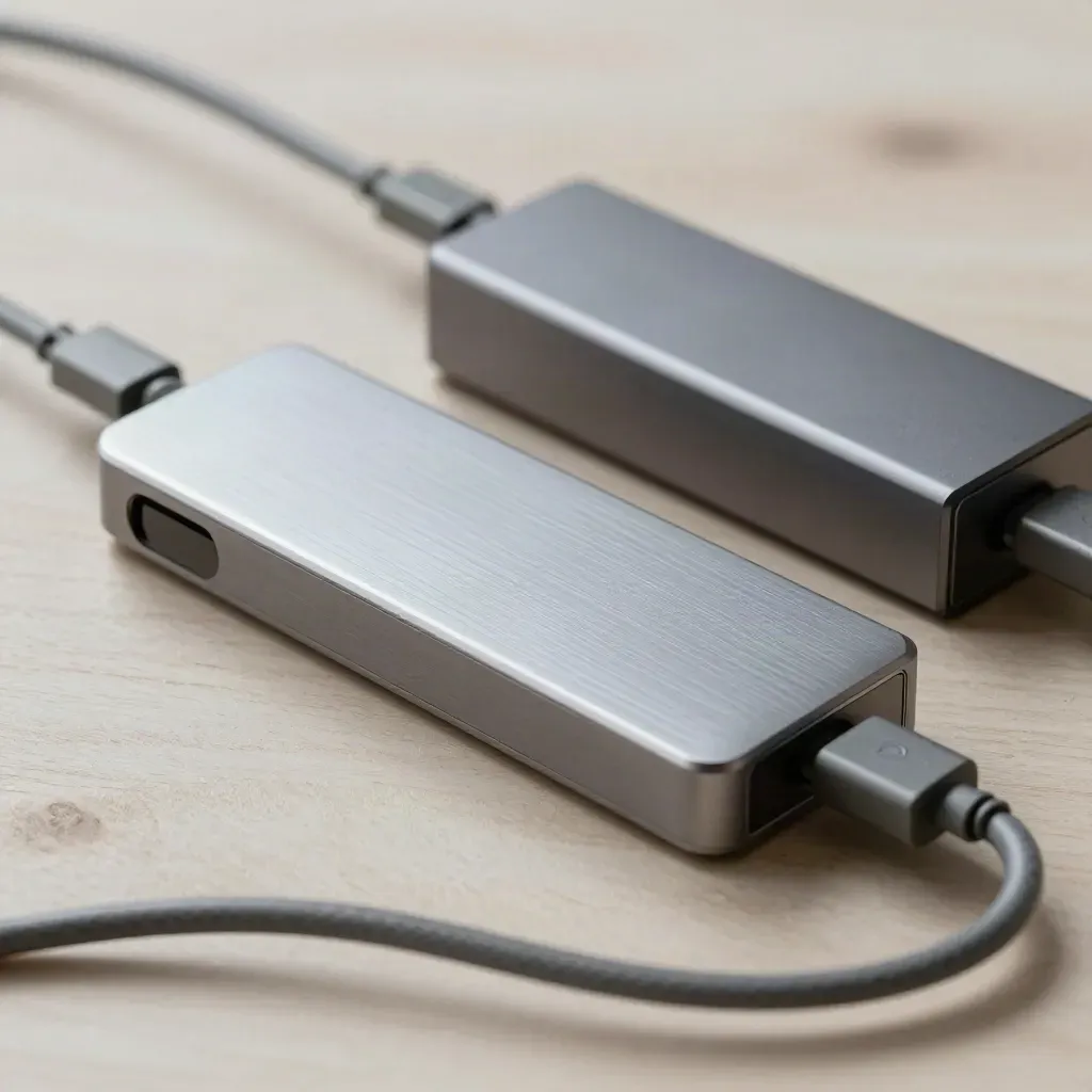 USB dock, cable clips, and power bricks on pale wood, top-down with soft haze.