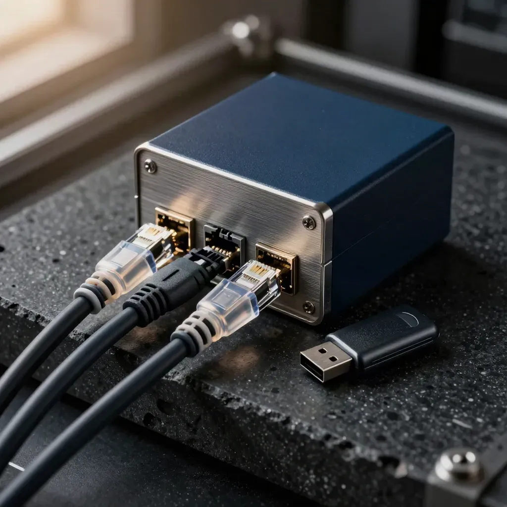Macro still life of relay hardware, RJ45 loops, and a USB token on black stone.