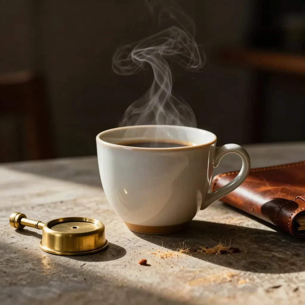 Coffee cup, brass paperweight and leather portfolio on stone in warm editorial light.