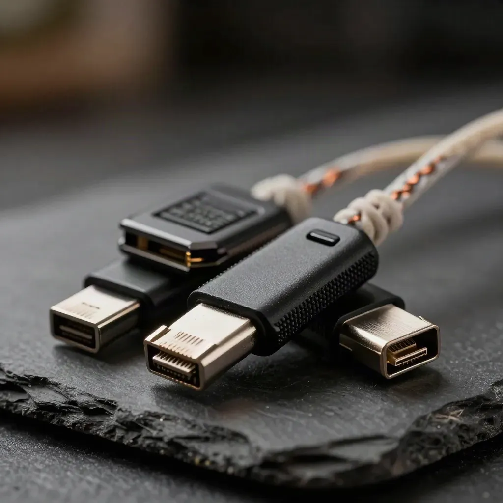 Macro of a security token, braided ethernet loop, and metal adapter on charcoal slate.