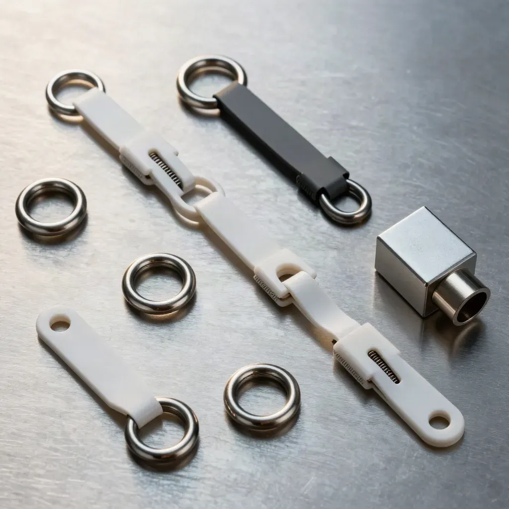 Overhead flatlay of linked steel rings, cable clips, and a connector block on brushed aluminum.