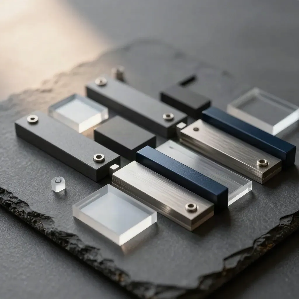 Top-down macro of acrylic alignment tiles and spacer blocks on matte graphite