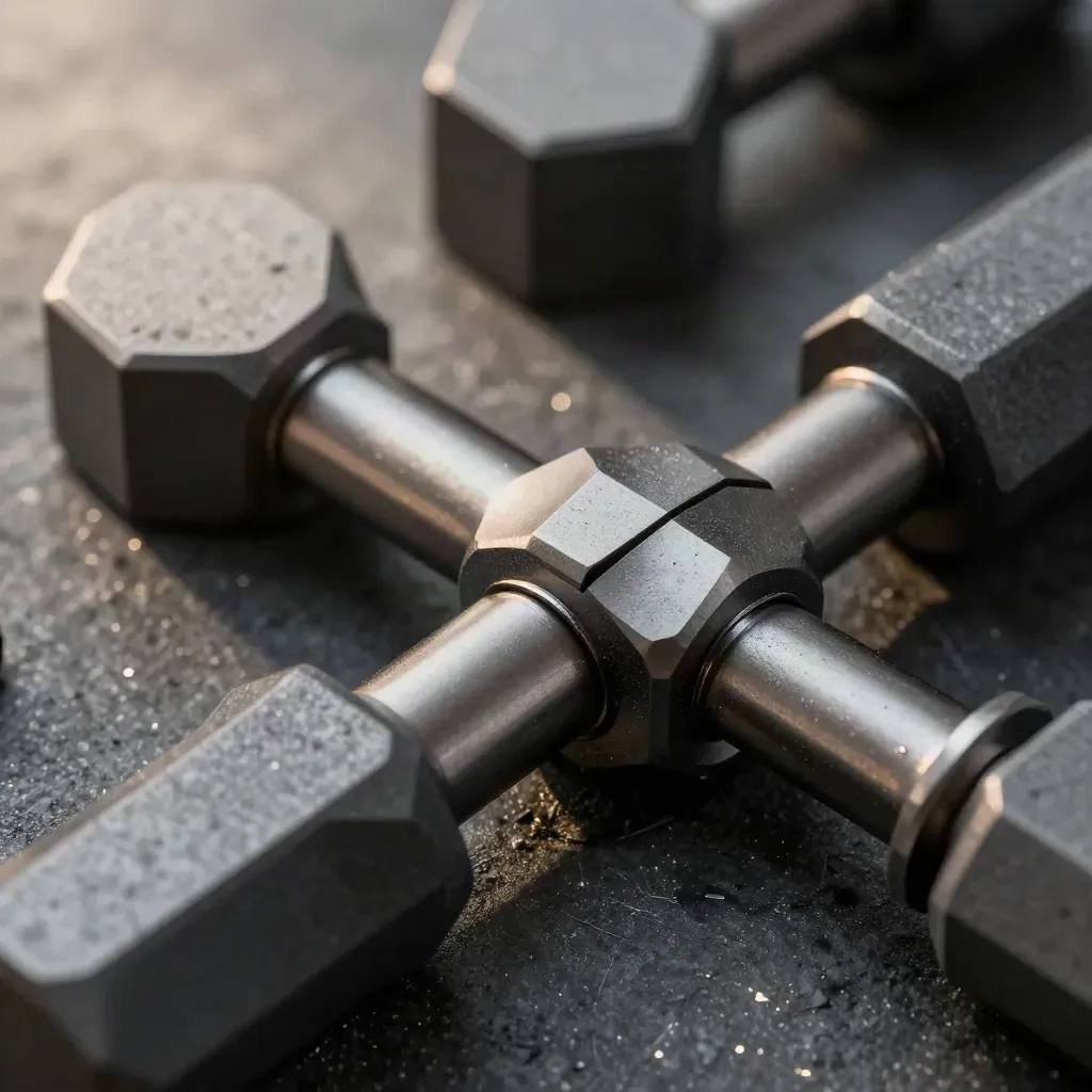 Extreme macro of graphite machined parts joining on dark stone under soft upper-left light.