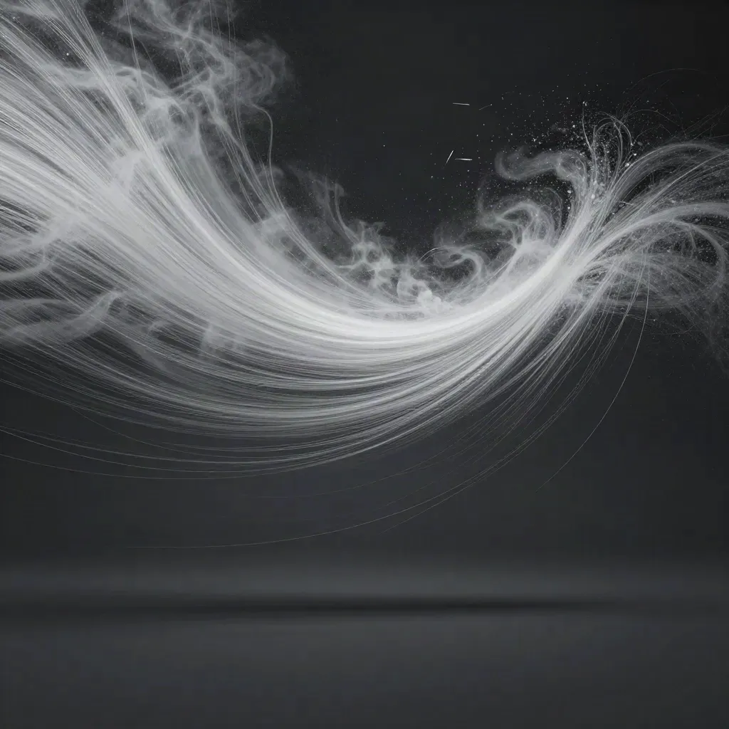 Silver filaments bloom in graphite haze with drifting motes and open copy space.