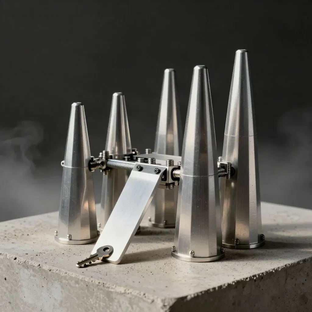 Metal launch blocks and connectors on concrete in dramatic low-angle studio light.